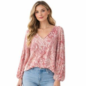 CAbi Tunic Blouse Womens Large Pink Animal Print V Neck Balloon Sleeve Top